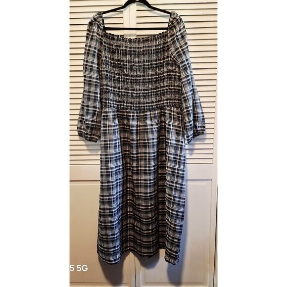 NWT Black & White Plaid Smocked Midi Dress By Loft Outlet XL 3/4 Sleeves Elastic - Picture 3 of 8